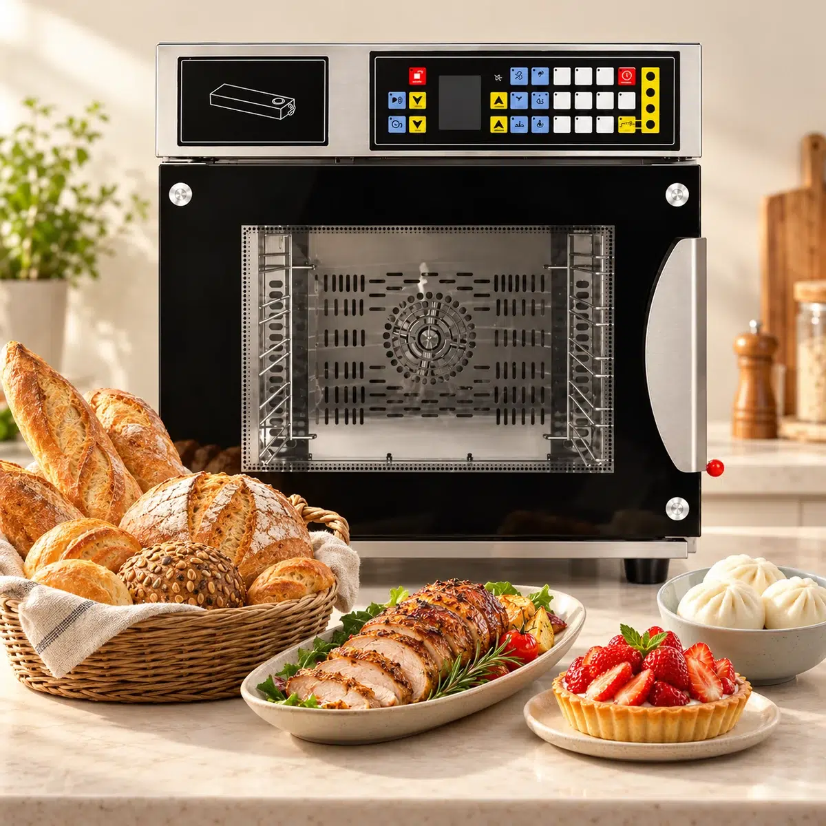 ภาพจำลองเตาอบ CHEF SERIES พร้อมตัวอย่างเมนูขนมปัง อาหารอบ และซาลาเปา